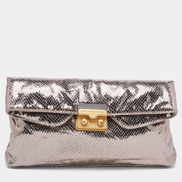 Marc by Marc Jacobs Metallic Silver Snakeskin Embossed Leather Foldover Clutch - Picture 1 of 6
